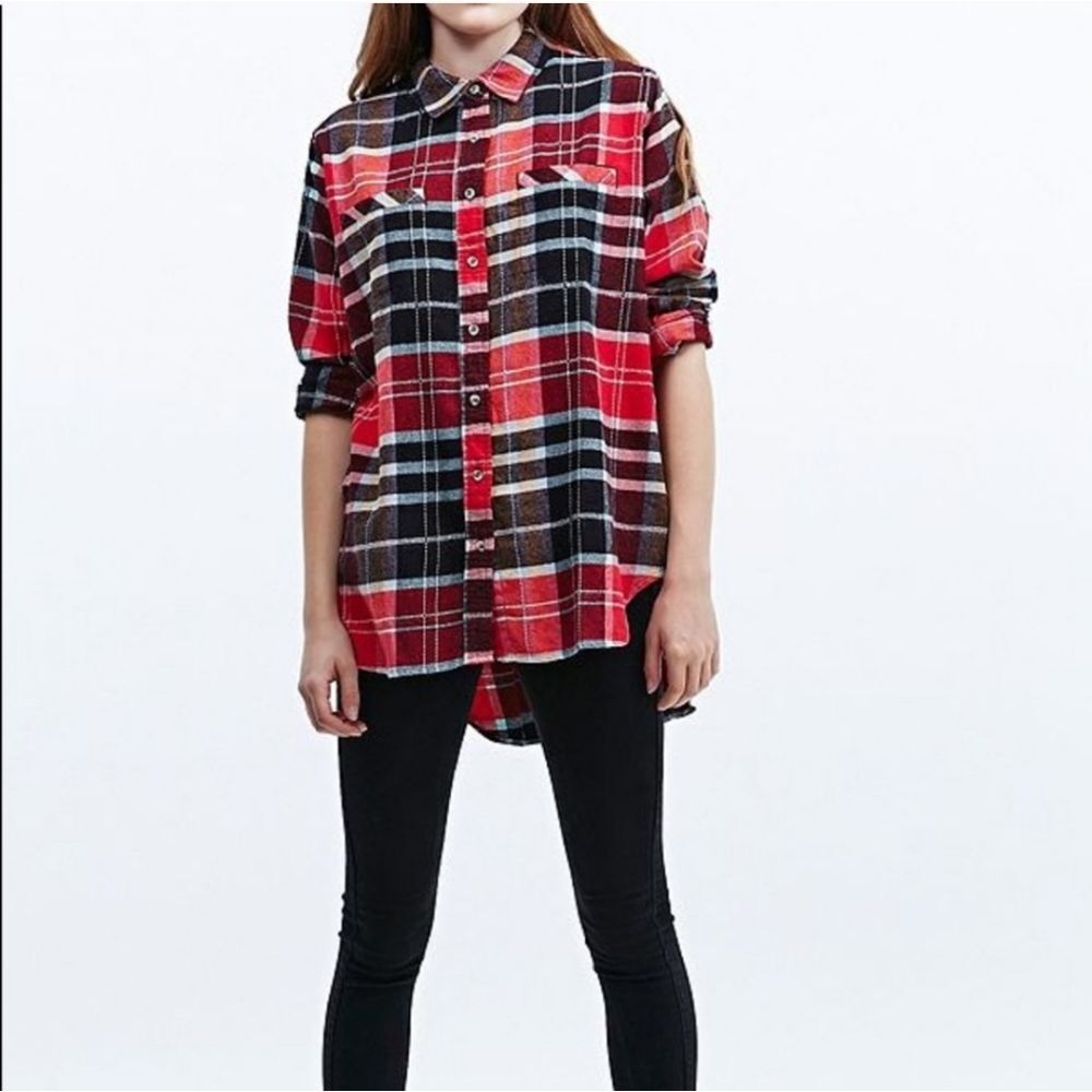 UO BDG Red Black Plaid Flannel Oversized